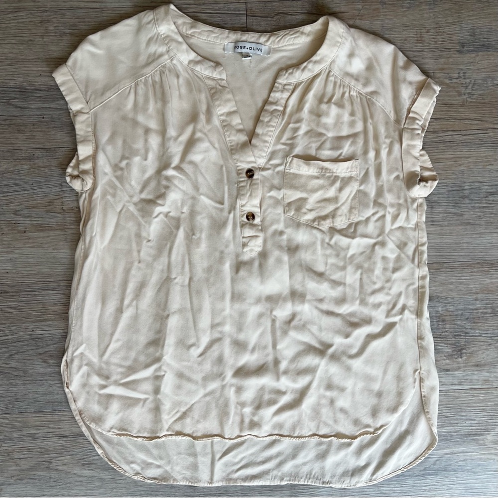 Rose & Olive Cream Cap Sleeve Blouse with Mandarin Collar